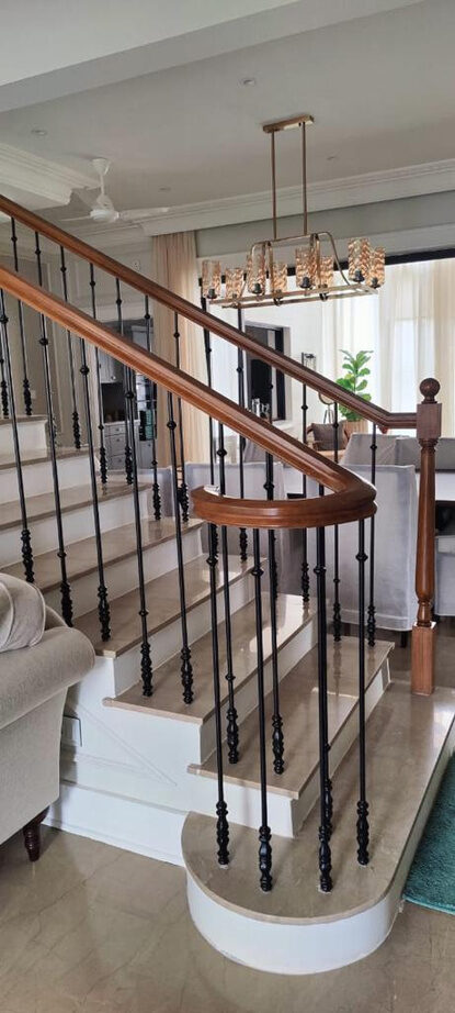 Customised wrought iron stem staircase railing, Bengaluru residence